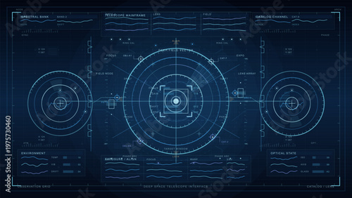 Futuristic digital interface with circular HUD elements, data graphs, and technical readouts resembling a deep space telescope control panel on a blue background.