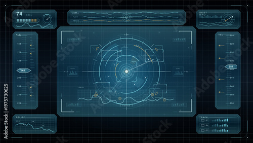 Futuristic digital interface with circular radar, graphs, and data panels on a dark grid background, resembling a high-tech control or monitoring system.