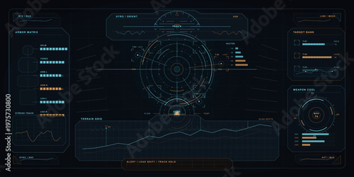 Futuristic digital dashboard interface with circular radar, data graphs, armor matrix, weapon status, and system indicators in blue and orange on a dark background.