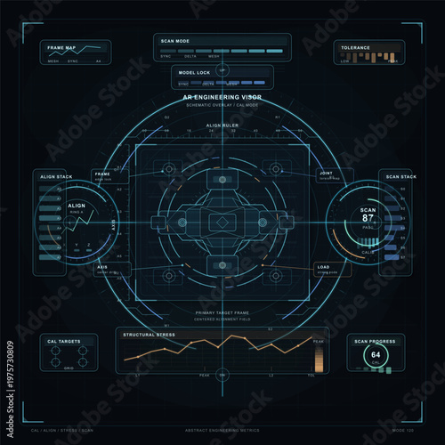 Futuristic digital interface with blue and orange HUD elements, displaying engineering metrics, alignment data, scan progress, and structural stress graphs.