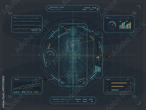 Futuristic digital medical interface with a human body scan, data charts, graphs, and biometric indicators displayed on a dark blue high-tech dashboard.