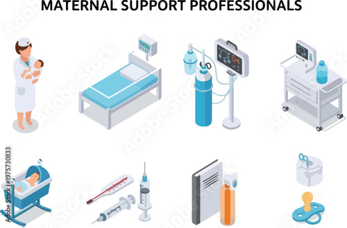 Illustrations of maternal support professionals and medical equipment related to childbirth and neonatology