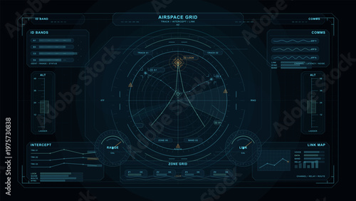 Futuristic airspace grid interface with radar tracking, communication channels, altitude indicators, and data analysis elements on a dark digital display.