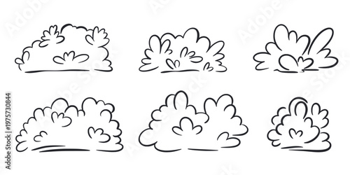 Hand drawn ink outline bushes set. Lush bushes of various shapes and sizes, doodle style. Landscaping, landscape design element, clip art. Vector graphics