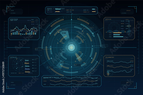 Futuristic digital dashboard interface with circular HUD elements, data charts, telemetry graphs, and technical information on a dark background.