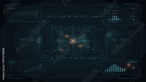 Futuristic digital interface with circular radar elements, data graphs, heat signatures, and surveillance tracking overlays on a dark grid background.