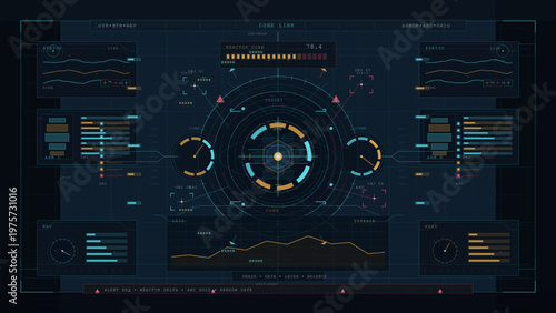 Futuristic digital dashboard interface with circular target display, data charts, gauges, and technical HUD elements in blue and orange tones on a dark background.