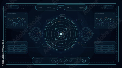 Futuristic digital dashboard interface with circular radar, data graphs, and technical indicators on a dark background, resembling a sci-fi control panel or HUD.