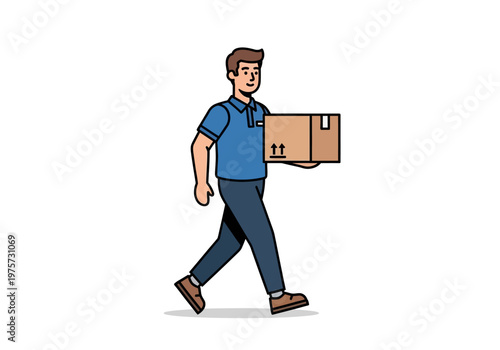 Delivery man walking with a cardboard box package, carrying shipment