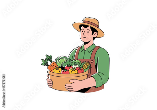 A happy farmer wearing a hat and apron, carrying a basket full of fresh vegetables and fruits