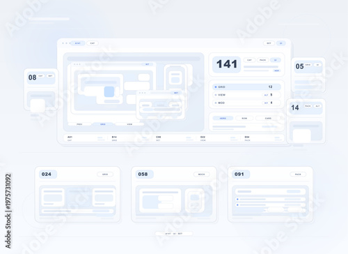 Minimalist user interface dashboard mockup with various cards, grids, and data widgets in a light blue and white color scheme, displaying numbers and UI elements.