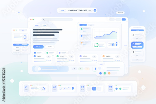 Modern light-themed UI dashboard illustration featuring various interface elements, charts, graphs, and pricing tables for a SaaS landing page template.