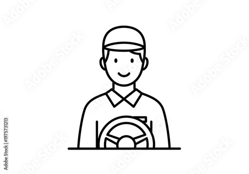 Illustration of a smiling driver wearing a cap, holding a steering wheel, representing transportation and service industry roles
