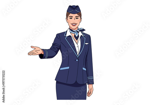 Professional flight attendant in uniform offering assistance with a welcoming gesture