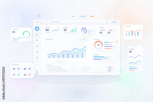 Modern dashboard interface illustration featuring various charts, graphs, and analytics widgets in a clean, pastel color scheme on a light background.