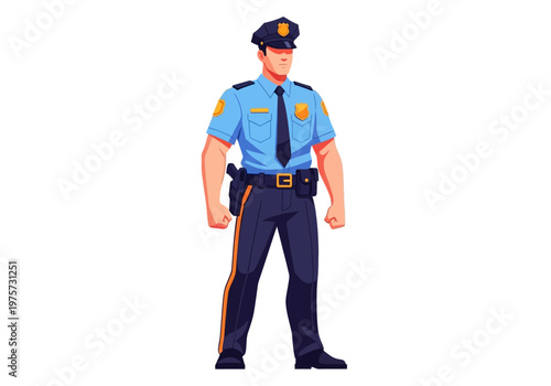 Illustration of a male police officer in uniform with hat, standing confidently and professionally on a white background