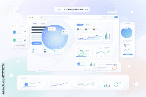 A user interface shows various charts and graphs related to data analysis. It includes metrics on performance and progress, providing an overview of different factors over time.