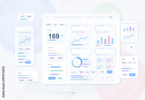 Modern pastel dashboard user interface kit with various charts, graphs, buttons, and data widgets for web and mobile applications on a light background.