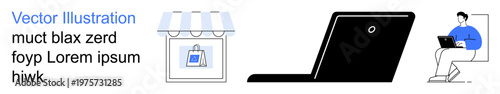 E-commerce, online shopping, digital security, remote work, small business, technology. ion of a storefront, a laptop and a seated individual with a laptop. E-commerce and online shopping concept