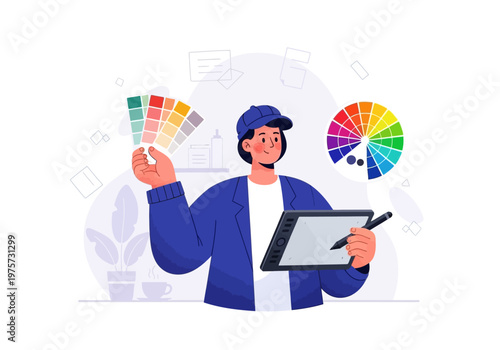 A graphic designer is holding color swatches and a drawing tablet, with a color wheel in the background