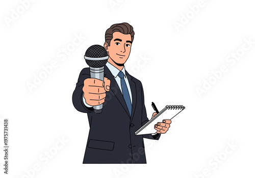 Journalist holding a microphone and a notepad, ready to interview