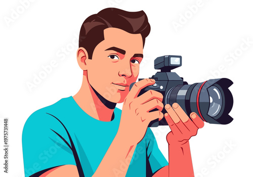A photographer with a professional DSLR camera, captured in a stylized illustration