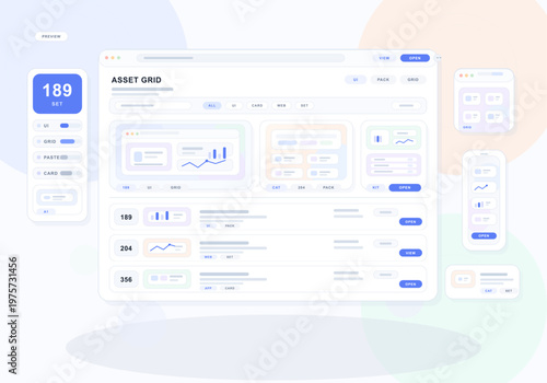 Modern flat design illustration of a user interface dashboard with asset grid, charts, buttons, and responsive layouts for web and mobile applications.