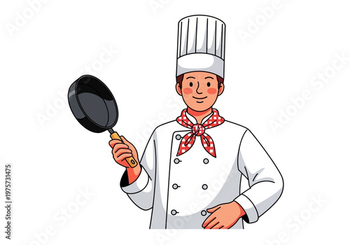 A friendly male chef in a white uniform and toque hat holding a frying pan