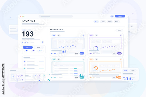 Modern user interface dashboard design concept featuring data charts, graphs, and analytics widgets in a clean, minimal style with blue and pastel accents.