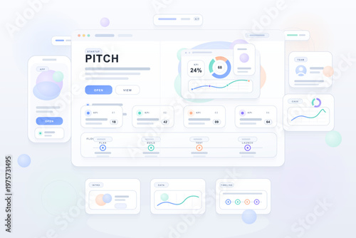 Modern abstract illustration of a digital dashboard interface with charts, graphs, and analytics widgets, representing startup pitch, KPI tracking, and project management.