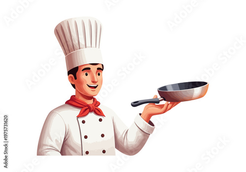 A smiling male chef in uniform holding a frying pan, ready to cook delicious food