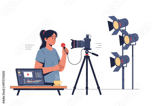Woman filming a video with professional equipment and laptop for content creation