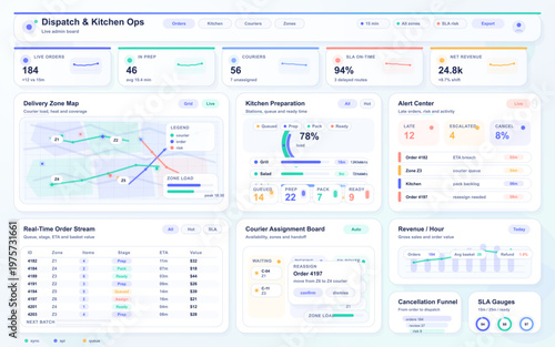 Modern dashboard interface for dispatch and kitchen operations featuring live order tracking, courier assignments, delivery zone maps, and real-time performance analytics.