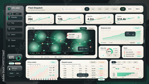 Modern fleet dispatch dashboard interface displaying real-time analytics, live map, driver matrix, response times, and operational alerts for efficient fleet management.