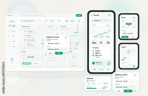 Modern parcel tracking and delivery management user interface design displayed on desktop and mobile devices, featuring shipment status, barcode scanning, and address validation.