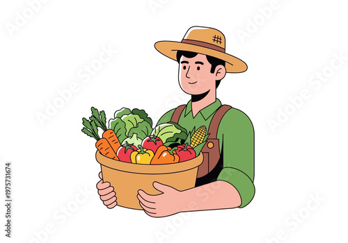Farmer holding a basket full of fresh vegetables and fruits in a vibrant illustration