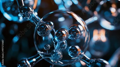 Glass molecule structure connecting multiple spheres representing concepts of scientific research, biotechnology, medicine, and chemistry for innovation and development