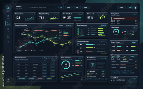 Modern logistics dashboard interface displaying real-time delivery metrics, route analytics, fleet utilization, driver scorecards, and operational alerts in a dark theme.