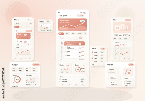 Modern travel planning mobile app interface with dashboard screens showing itinerary, budget, transportation, packing list, and weather in a soft pastel color scheme.