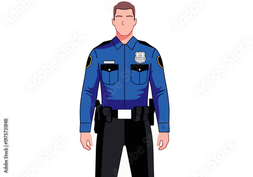 Illustration of a male police officer in uniform with utility belt and badge