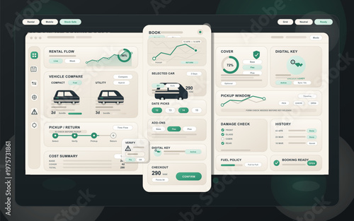 Modern car rental dashboard and mobile interface with data visualizations, vehicle comparison, booking options, digital key status, and rental process steps in a clean, minimal design.