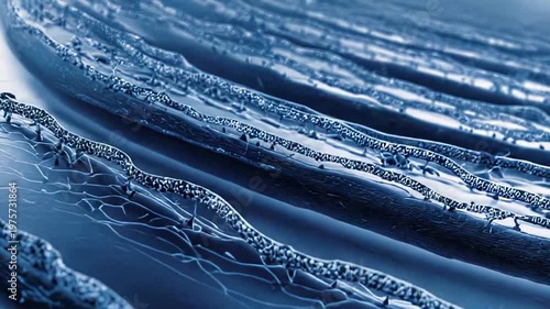 Microscopic texture creating intricate blue patterns with wave like forms and crystalline metallic segments, suggesting cellular structures or advanced materials at high magnification