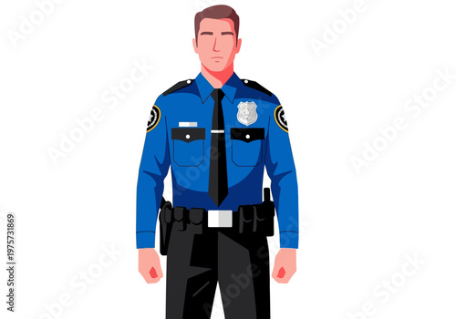 Law enforcement officer illustration in a blue uniform with badge and belt