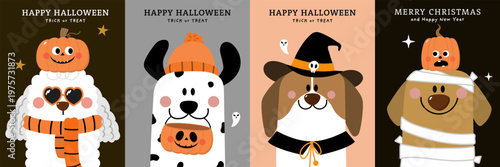 Happy halloween invitation card with cute puppy and dog in ghost party costumes. Animals holidays cartoon character. -Vector 