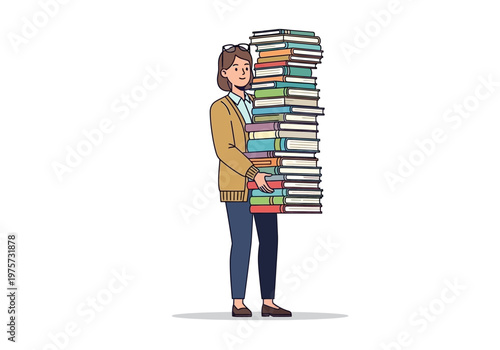 Woman Carrying a Large Stack of Books, Education and Knowledge Concept