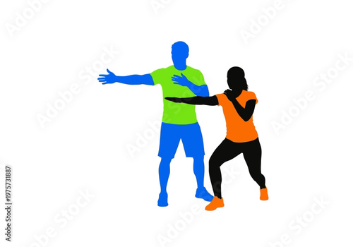 People practicing self-defense techniques with a coach in a health and fitness studio