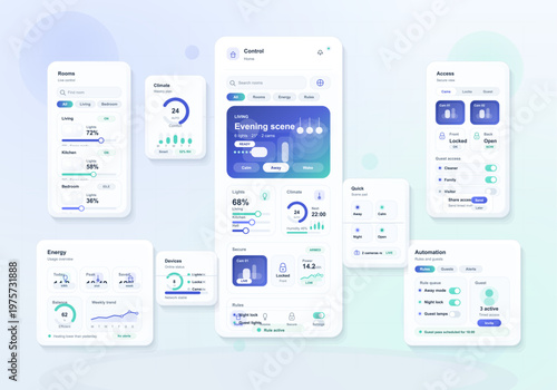 Modern smart home dashboard interface showing controls for lighting, climate, security, energy usage, device status, and automation in a clean layout.