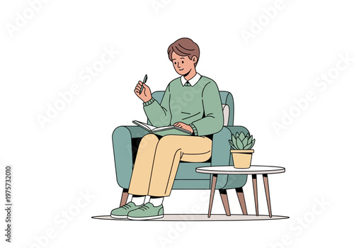 A man sitting in a comfortable armchair, holding a pen and a notebook, with a small plant on a table nearby, depicting a scene of study or contemplation