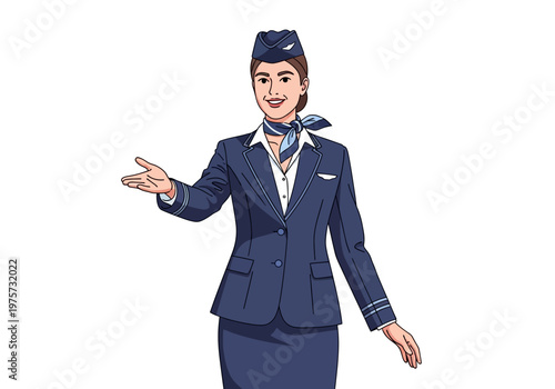 Professional female flight attendant in uniform welcoming passengers with a smile and outstretched hand