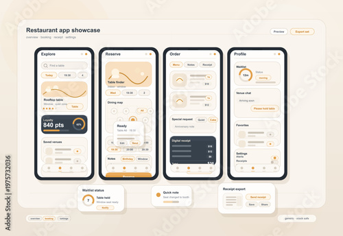 Modern restaurant app user interface showcase featuring explore, reservation, order, and profile screens with a clean, minimal beige and orange color scheme.
